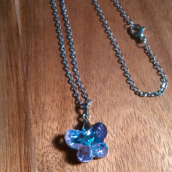 Mystic Color Crystal Brass Butterfly Pendant Stainless Steel Necklace - Picture 4 of 12